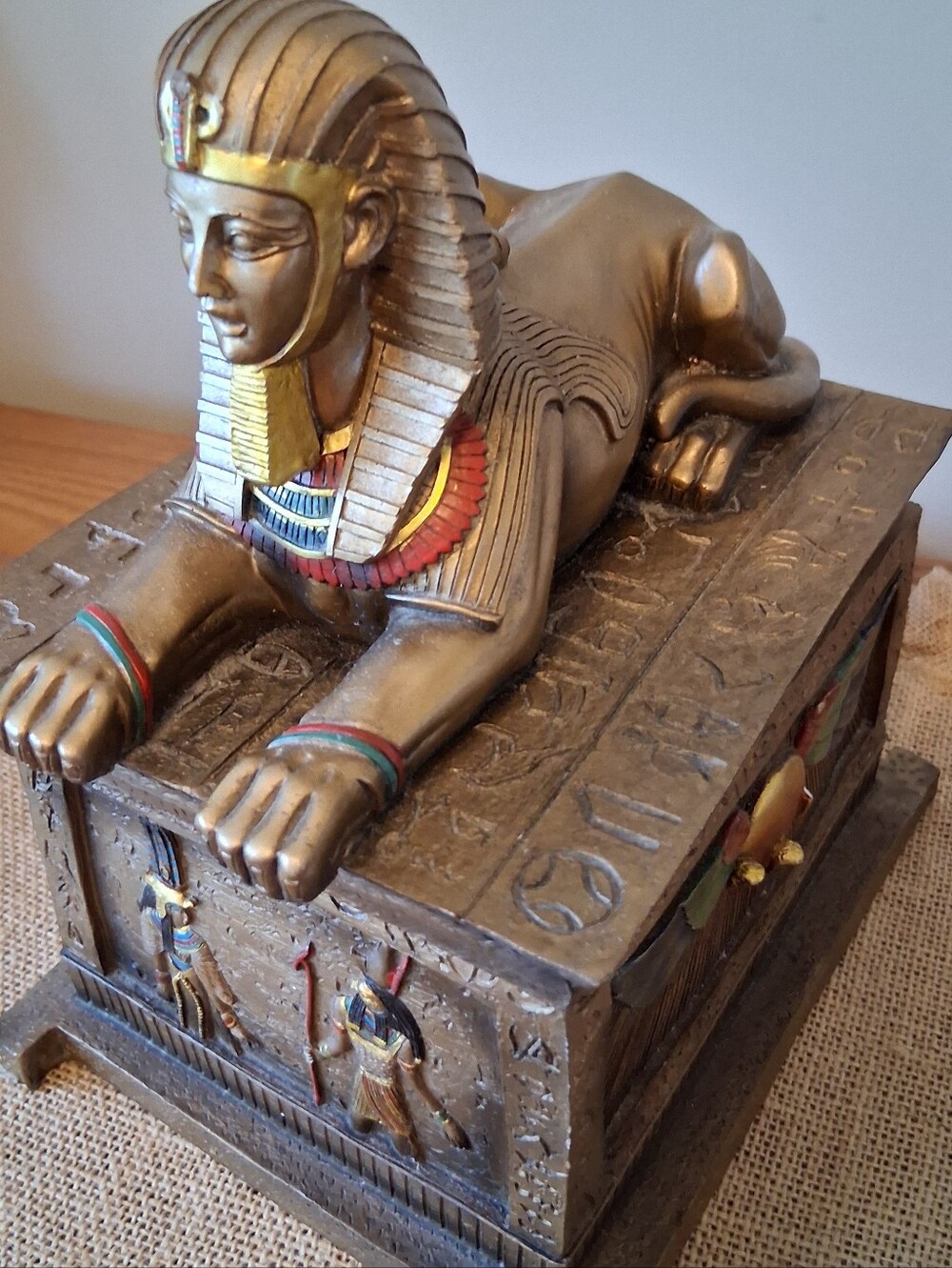 Ornate Egyptian Tut Head Androsphynx Resin Trinket Box w/Hieroglyphics & Lid